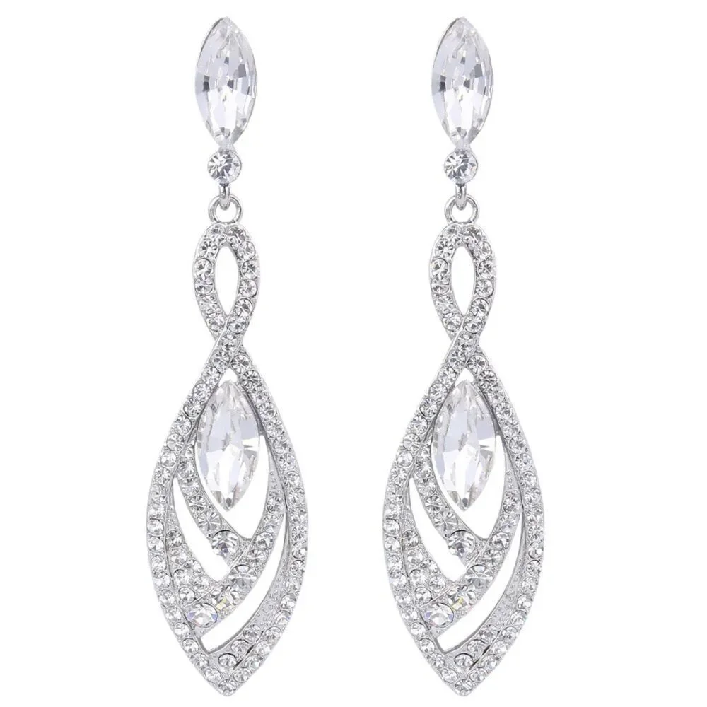 Silver with White Diamond Austrian Crystal Twisted Chandelier Post Back Earrings